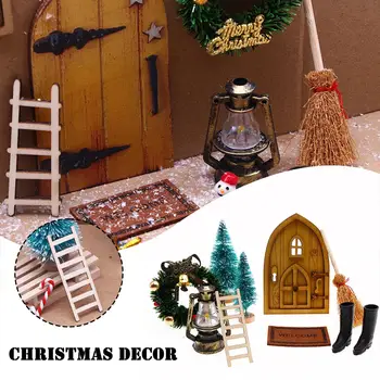 11Pcs Păpuși Elf Ușa de Crăciun Decor Fals Șir de Lumină Pălărie Cununa Mini Copac Cutii de Cadouri Zână Toyhouse Miniatură Modelul Scena