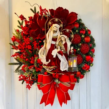 Artificiale Agățat Ornamente 2022 Sacra Coroană de Crăciun cu Lumini de Ușa din Față Decoratiuni de Perete Vesel de Pom de Crăciun Coroană de flori