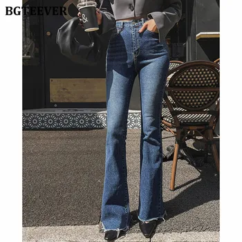 BGTEEVER Streetwear Talie Mare Skinny Femei Flare Jeans 2021 Toamna Casual Femei Albastru Denim Pantaloni Femei Pantalon