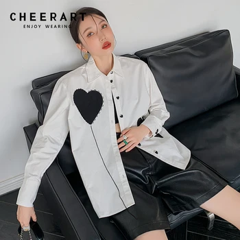 CHEERART Inima Buton Alb Până Tricou Pentru Femei de Moda Toamna cu Maneci Lungi Designer de Top Și Bloues 2021 Tricou cu Guler Îmbrăcăminte