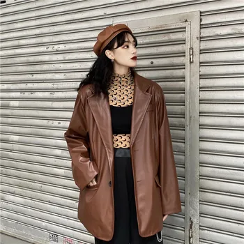 Coreeană Negru Maro Din Piele Moto Jacheta Vintage Sex Feminin Cald Liber Cu Maneci Lungi Sacouri Moda Streetwear Femei Haina 2021