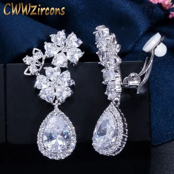 CWWZircons Elegant Forma de Flori Mireasa Nunta Bijuterii zircon Cristal Clip Pe Cercei pentru Non-Străpuns Ureche CZ184