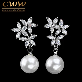 CWWZircons Moda Argint Culoare Cristal CZ Alb Simulate Perla Picătură Cercei Cu Zirconiu Flori Pentru Mirese CZ098