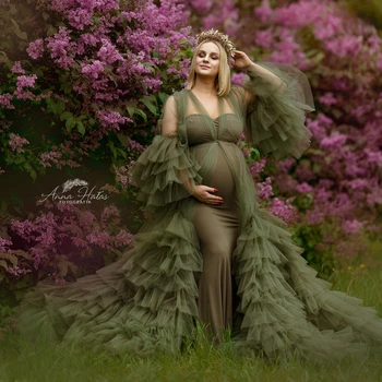 De Culoare Verde Închis O Linie De Maternitate Rochii V Gâtului Fotografie De Maternitate Mâneci Lungi Pufos Volane Timpul Sarcinii Femeile Rochie Babyshower