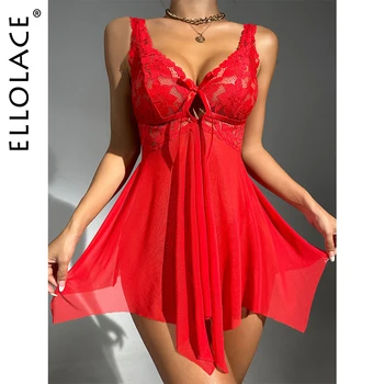 Ellolace Roșu Sexy Sleepwear Adânc-V Split Rochie Mini Bowknot Neregulate Hemline Romantic Cămășuță De Noapte Noaptea Nuntii Dantela Îmbrăcăminte De Noapte