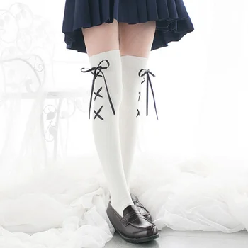 Femei Lolita Ciorapi de Primăvară Japoneză Jambiere anime Kawaii fata ciorap Alb negru Peste Genunchi stocare cruce panglica șosete cosplay