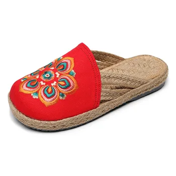 Femei Pantofi De Panza Pentru Papuci Floare Stil Național De Cânepă De Vară Rotund Toe Flip Flop Plat Platforma Creatoare De Moda Broda Haimana