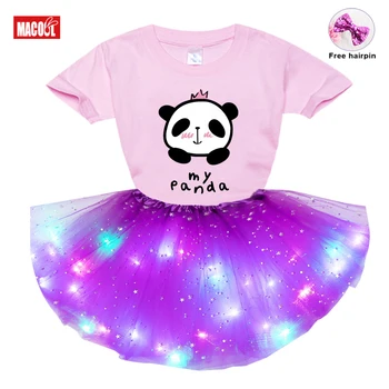 Fete de Îmbrăcăminte Set 2021 Vara Tricou Copii Haine Rochie Haine Drăguț Panda Nou 3Pcs Costum Rochie Tutu Lumină LED-uri Cadou