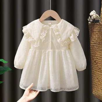 Fete Dress Butonul Rochie de Toamna-coreean Fetita Dantela cu maneca Lunga-Rochie de Printesa pentru Copii de Dolari Guler Haine Fete 1-7 Ani