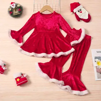 Fetița de Crăciun Seturi de Îmbrăcăminte Solidă Complet Maneca tricou+Pantaloni Evazate Haine Copii Fete Costum de Crăciun Pentru Copii