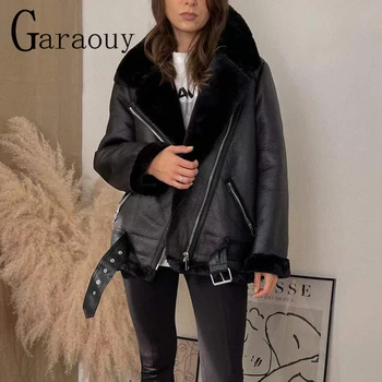 Garaouy 2022 Noi Femeile de Iarnă de Oaie Strat Gros Cald Faux din Piele de Miel Jacheta cu Centura Vrac Îmbrăcăminte exterioară Streetwear
