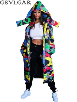 GBVLGAR 2020 Iarna Noi Mantou pentru Femei Hanorac cu Mâneci Lungi Camuflaj Imprimare cu Fermoar Rață Jos Jacheta Cald Streetwear Stil Tinutele
