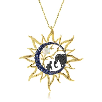 GEM de BALET Cerești Soare Pandantiv Zodiac Naturale Opal Argint 925 Om și Elefant Pandantiv Colier Pentru Femei Bijuterii
