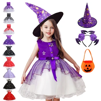 Halloween Costum Vrajitoare Fete Vrăjitoare Rochie De Până Pălărie Zburli Tul Rochie Tutu Copii De Craciun Petrecere De Seara Star Broderie Rochii