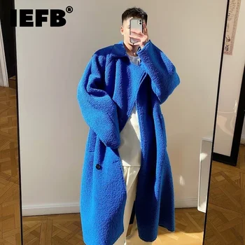 IEFB de Iarnă Albastru Îngroșat Faux Blana Pentru Barbati coreean Elegante Peste Genunchi Faux Blană de Miel cu Centură Canadiană Stil Haine Lungi 9Y9973