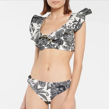 Imprimare Alb-negru Zburli V-Neck Trunchiate Modei în Costume de baie cu Talie Înaltă Backless Bikini Elegante, Despărțit de Plajă, îmbrăcăminte de Moda 2022