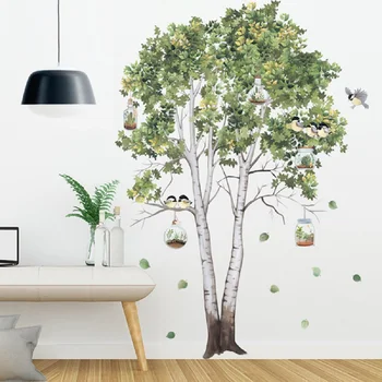 Mare Copac de Mesteacan Autocolante de Perete Frunze Verzi Decalcomanii de Perete Camera de zi Dormitor Păsări Decor Acasă Poster Mural PVC Decor Cameră