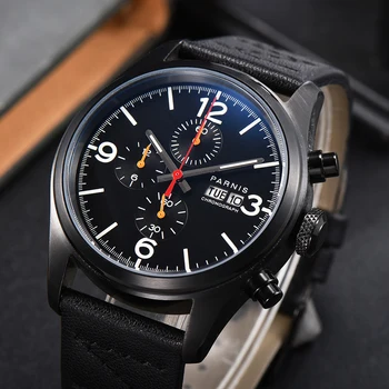 Moda Parnis 42mm Negru Caz Cuarț Cronograf Ceas de Barbati Curea din Piele Săptămână de Afișare Calendar Ceas 2021 Top Brand de Lux