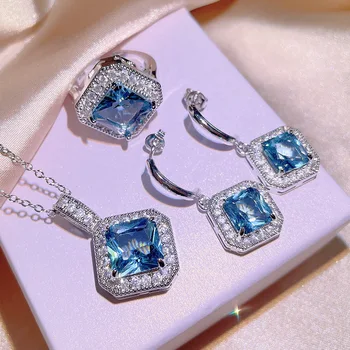 Moda Pătrat Sapphire Set Bijuterii Pandantive Cercei Inel De Argint Seturi De Moda De Mireasa Decor Plin De Culoare 3 Buc Cadouri