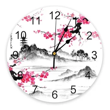 Peisaj Japonez Cu Sakura Ramuri Ceas De Perete Design Modern, Camera De Zi De Decorare Ceas Mut Agățat Ceas Decor Acasă