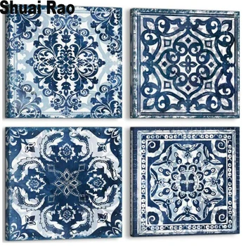 Porțelan albastru și alb diamant tablou din 4 piese mozaic de diamante broderie plină pătrat rotund burghiu mandala cu flori 3d arta de perete