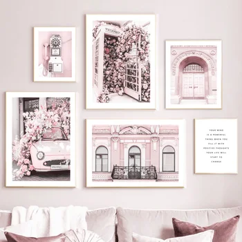 Roz Turnul Negru Paris Rose Romantic Mașină De Arta De Perete Panza Pictura Nordică Postere Si Printuri Poze De Perete Pentru Living Decorul Camerei