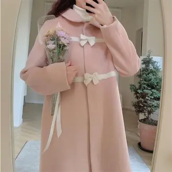 Toamna Iarna Japoneze Kawaii Drăguț Roz De Lână Coats Stil Lolita Fete Drăguț Arc Dantelă-Up Liber Jachete Femei De Îmbrăcăminte Coreeană