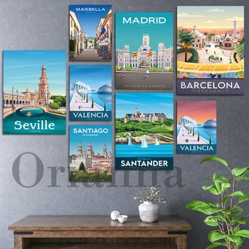 Valencia, Madrid, Valencia, Sevilla Santiago Santander Marbella, Barcelona Spania Călătorie Poster Spania Ilustrare De Imprimare Arta De Perete