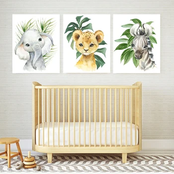 Zebra, Elefant, Leu Junglă Nordic Postere si Printuri pentru Băieți Copii Baby Room Decor Frunze Verzi Arta de Perete Panza Pictura Imagine