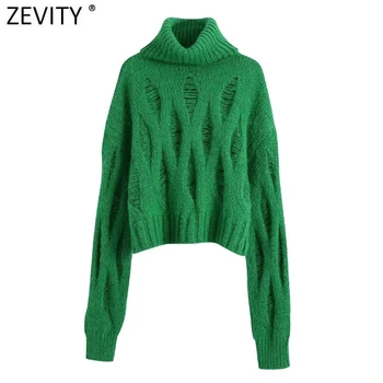 Zevity Noi Femeile de Moda de Înaltă Gât Rupt de Proiectare Vrac Verde Scurte Pulover Tricotat Femei Maneca Lunga Cultură Pulovere Topuri SW997